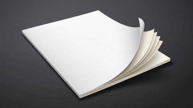 Blank magazine mockup with turning curled pages, realistic paper brochure cover template, dark studio background for editorial publication design presentation