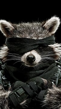 Ninja Raccoon Wearing Black Tactical Gear and Blindfold on Dark Background