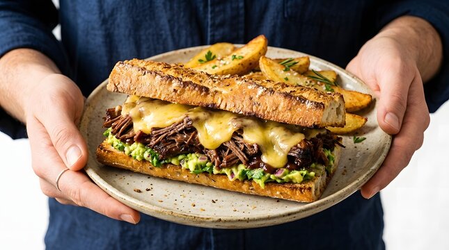 Hands hold a plate with a pulled beef brisket sandwich topped with melted cheese and guacamole beside potato wedges.