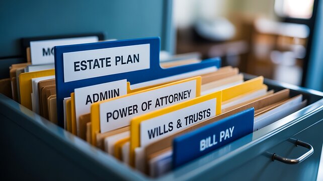 Estate planning documents organized in folders for wills trusts and power of attorney