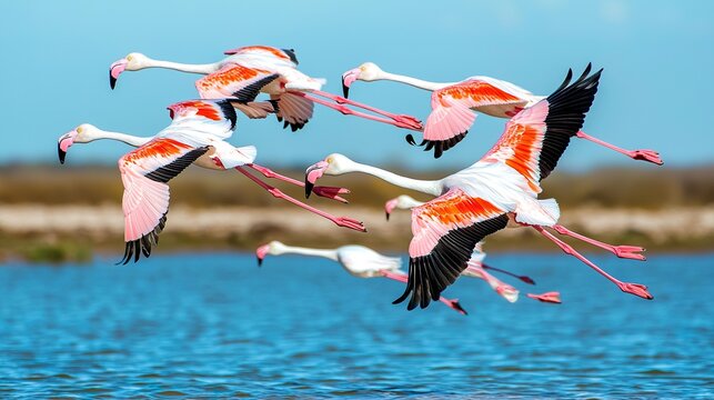 A flock of flamingos taking flight from a shallow lake, graceful, synchronized