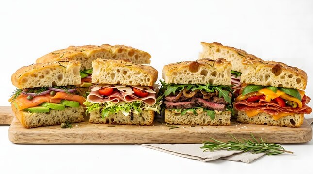 Four gourmet focaccia sandwiches filled with salmon, prosciutto, roast beef, and salami are arranged on a wooden board.