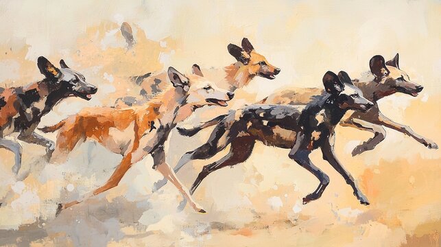 A group of wild dogs chasing a gazelle, dynamic, coordinated hunt