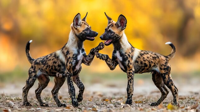 A group of wild dogs chasing a gazelle, dynamic, coordinated hunt