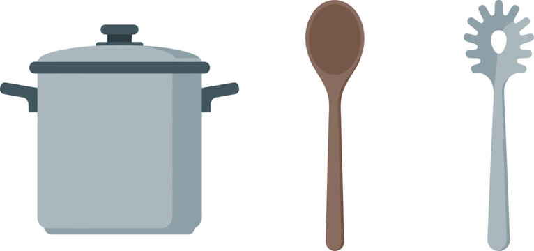 A charming illustration of a cooking pot wooden spoon and pasta server all arranged neatly isolated on transparent background