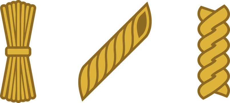 Illustrative depiction of three distinct pasta shapes including bavette casarecce and fusilli isolated on transparent background