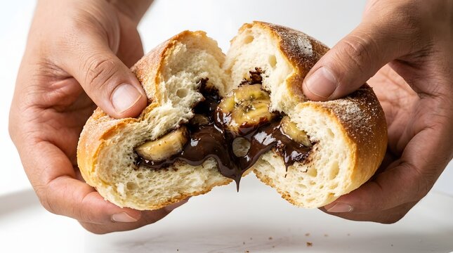 Hands tear open a sugar-dusted golden bun to reveal melted chocolate and sliced banana filling.