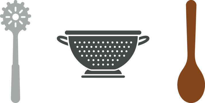 A carefully curated collection of essential kitchen utensils featuring a specialized pasta fork a practical strainer and a classic wooden spoon all isolated on a