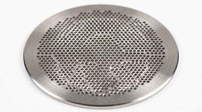 Round brushed stainless steel metal filter disc featuring intricate geometric honeycomb hole patterns photographed from top view
