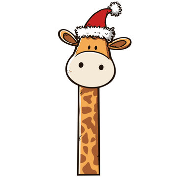 Cute Christmas Giraffe with Long Neck Wearing Santa Hat, Funny Holiday Animal Character, Editable Vector Isolated on Transparent Background