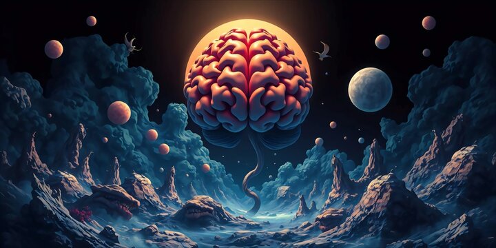 Abstract cosmic brain floating above surreal alien landscape with planets.