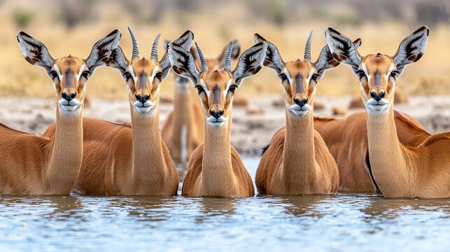 A herd of impalas drinking cautiously at a watering hole, watchful, serene