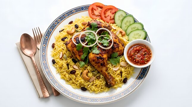 Spiced roasted chicken sits on fragrant yellow rice with nuts and raisins, served with fresh vegetables and chili sauce.