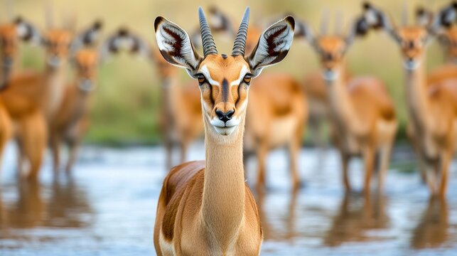 A herd of impalas drinking cautiously at a watering hole, watchful, serene