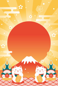 Japanese style new years vector background with Beckoning cat, Mt. Fuji and the sunrise