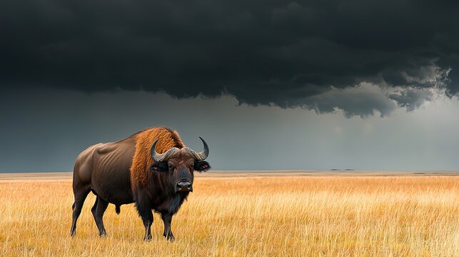 A lone buffalo standing against a dramatic storm sky, resilient