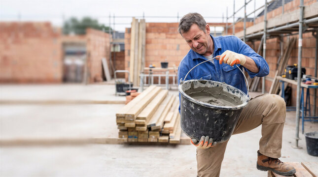 Worker carrying mixing bucket at a construction site. Manual labor and material handling illustrate active building work