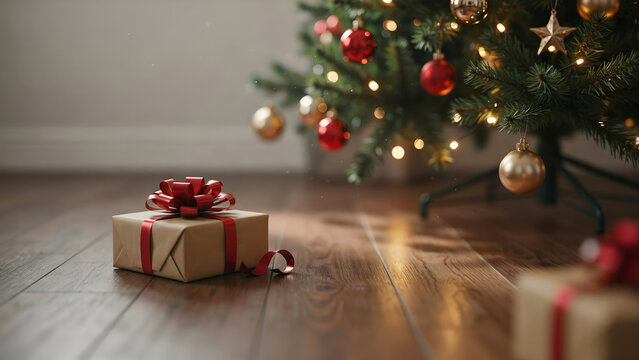 A beautifully wrapped gift box with a red ribbon sits on a wooden floor under a decorated christmas tree with warm glowing lights