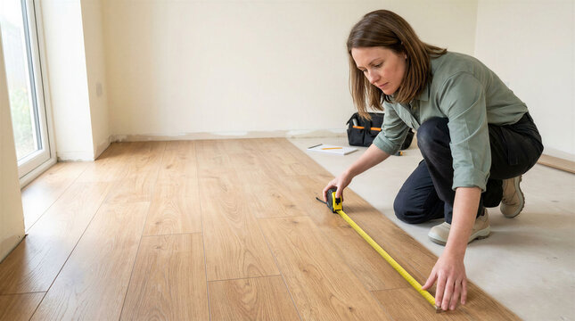Woman measuring laminate flooring during home renovation. Careful planning supports accurate installation and practical interior improvement