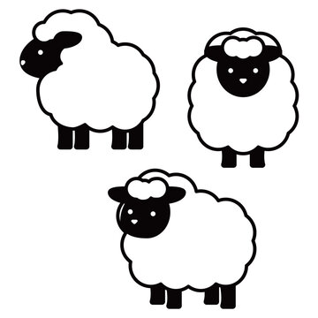 ふんわり丸いフォルムが愛らしいポーズ違いの羊モノクロイラストセット