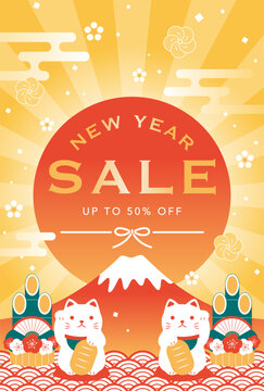 Japanese style new years vector background with Beckoning cat, Mt. Fuji and the sunrise