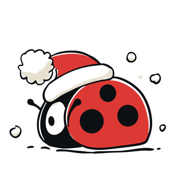 Cute Christmas Ladybug Wearing Santa Hat, Funny Red Holiday Insect Cartoon, Editable Vector Isolated on Transparent Background