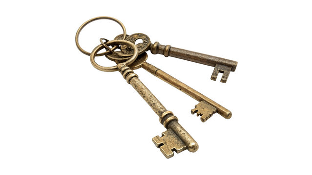 Bunch of vintage antique metal keys on transparent background