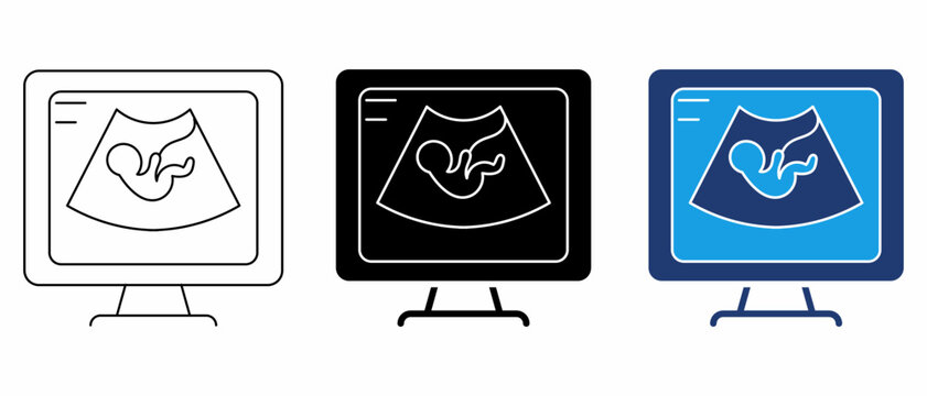 Pregnancy ultrasound monitor and sonogram screen icon set in outline, solid, and duotone styles for maternity design.