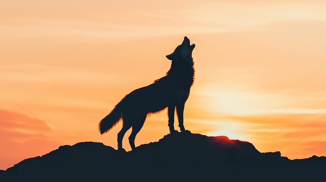 A lone wolf howling on a rocky outcrop at sunset, silhouetted, powerful