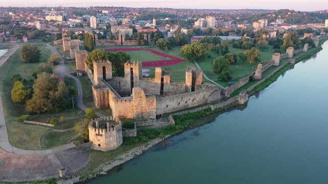 Aerial view of Smederevo Fortress beside Danube River in Serbia 