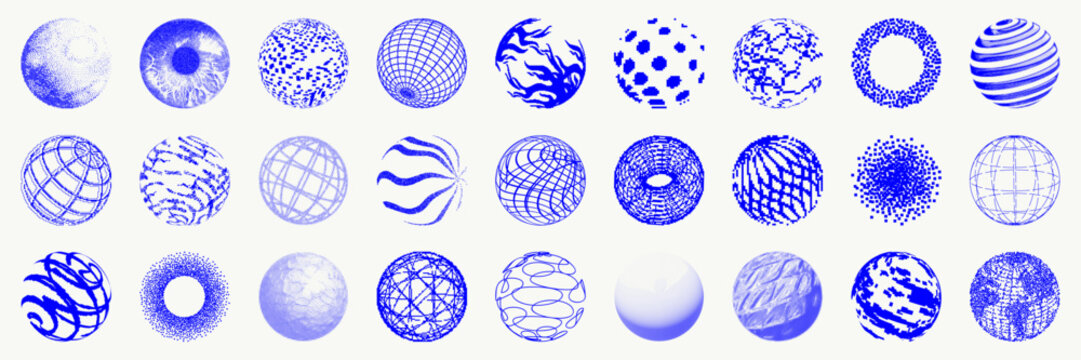 Set of abstract geometric shapes with bitmap, halftone and stipple effect. Trendy vector illustration with 3d wireframe models. Concept techno style