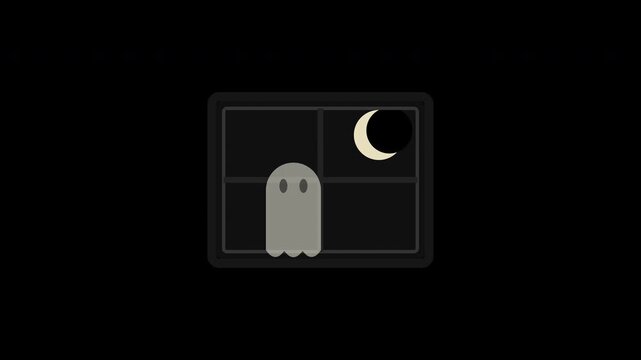 Small pixel art ghost blinking in a dark window at night