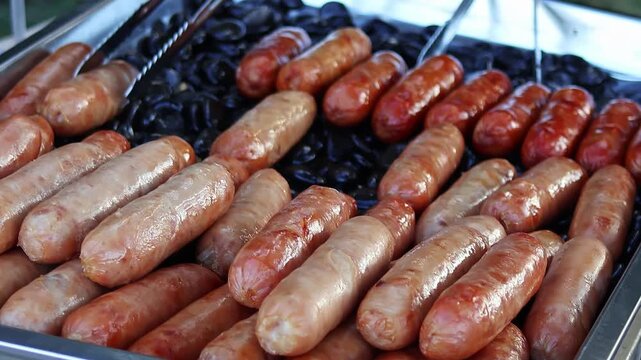 Grilled pork sausages roasting on charcoal at night food market. Close-up of traditional barbecue snack, hot fresh street food, outdoor festival catering.