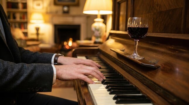 Man playing classic upright piano in cozy living room interior with warm fireplace glow and elegant glass of red wine resting on vintage wood