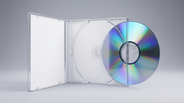 Blank CD jewel case mockup with open lid, clear plastic compact disc case with iridescent disc, white album cover design template