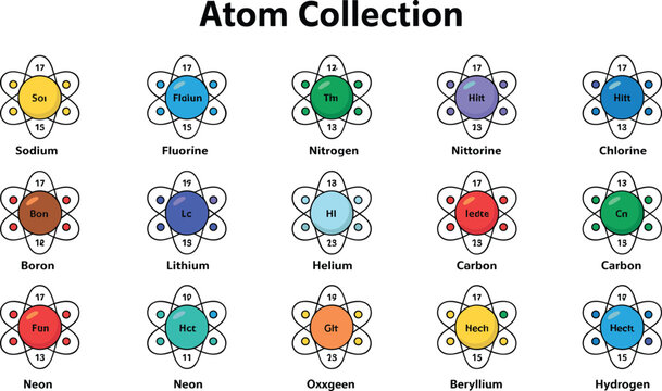 Colorful Atom Collection Illustration Set Featuring Chemical Elements, Electron Shells, Atomic Nuclei, Science Symbols, and Educational Chemistry Designs
