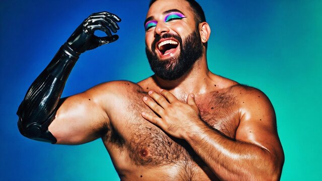 Muscular bearded man with colorful eye makeup and modern bionic prosthetic arm laughing confidently, vibrant contemporary beauty fashion portrait