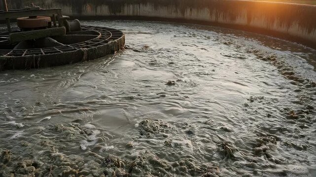 Wastewater flowing in circular treatment tank. Sedimentation and filtration process facility. Liquid purification system and sewage management plant for industry.