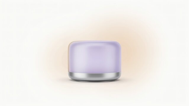 A small minimalist round lavender container with a metallic base on a white background with compact cylindrical container isolated against plain