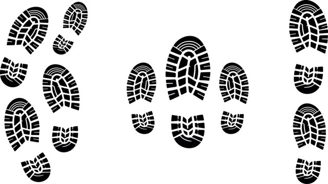 Shoe print and boot footprint track silhouette set with rugged sole tread patterns for hiking walk vector illustration