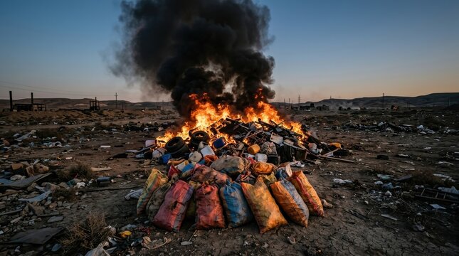 Massive Illegal Drug Burn Operation Destroys Seized Contraband Creating Thick Black Smoke Plume Over Desolate Landscape During Sunset