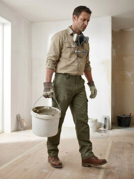 Worker carrying a mixing bucket during interior renovation. Professional preparation and hands-on work support efficient construction and property improvement