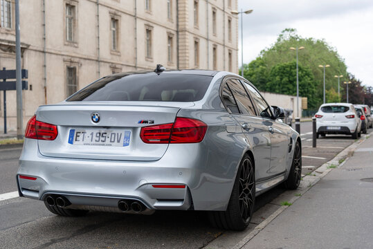 Nancy, France - June 15th 2019 : View on a grey BMW M3 F80 finished in Silverstone Metallic parked on a street.