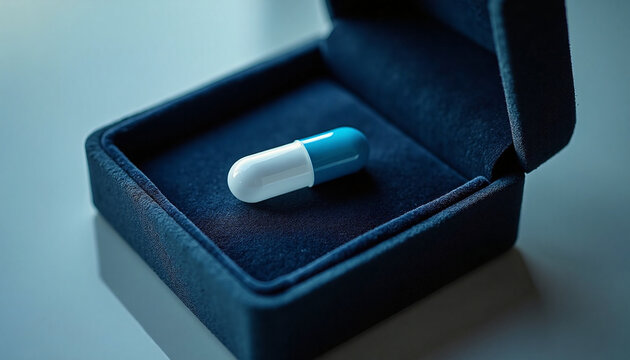 Blue and white medicine capsule pill inside open luxury jewelry box. Expensive healthcare and pharmaceutical cost concept