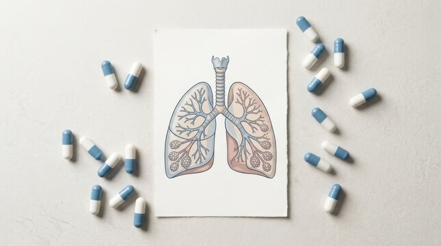 Medical illustration of human lungs surrounded by pharmaceutical medicine capsules on white surface representing respiratory healthcare disease
