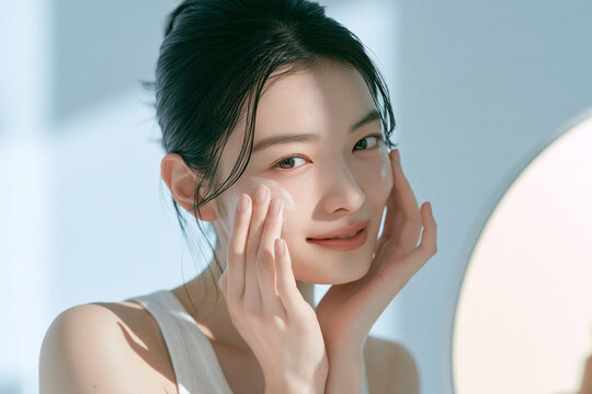 鏡の前で肌のケアをしているアジア人女性。美容、スキンケア用素材