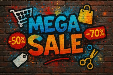 Naklejka premium Graffiti mega sale colorful bold typography discount percentage shopping promotion wall urban street art vibrant retail advertisement consumerism marketing commerce