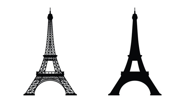 Detailed Eiffel tower vector silhouettes showcasing intricate structural lattice designs in stark black contrast