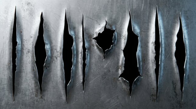 Metallic background with dramatic claw scratches and bullet holes tearing through rugged steel sheet texture for intense grunge designs