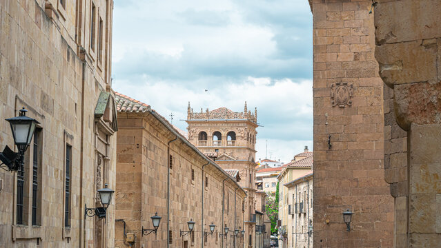 Calle de la Compa&ntilde;&iacute;a en el barrio antiguo de Salamanca con el torreon del palacio de Monterrey al fondo, Espa&ntilde;a